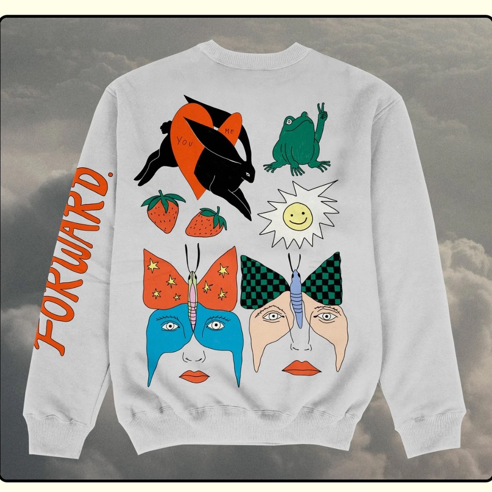 Fiorenza Art Lucky Charms Crewneck Sweatshirt, White, “Forward” Sleeve